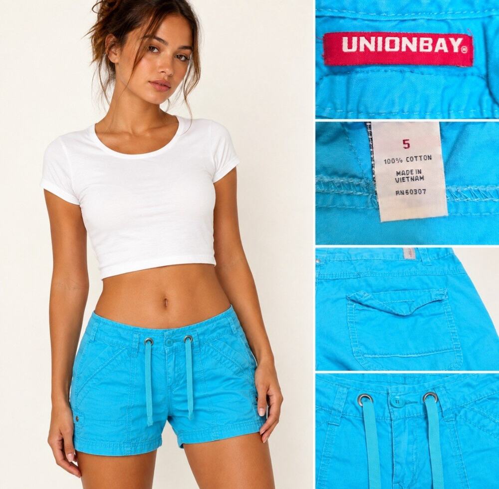 Y2K Indie Sleaze Unionbay Micro Mini Cargo Shorts Size 5 Turquoise Cotton 2000s